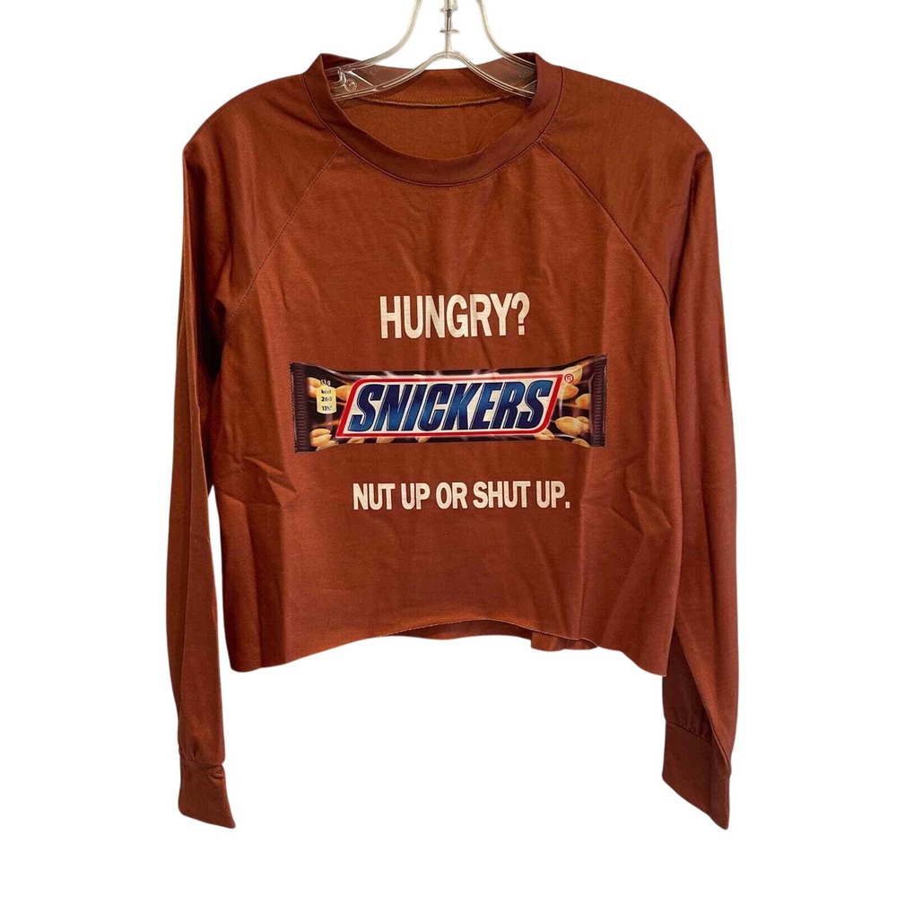 Snickers Nut Up Or Shut Up Graphic Crop Top Rust Brown Long Sleeve Small